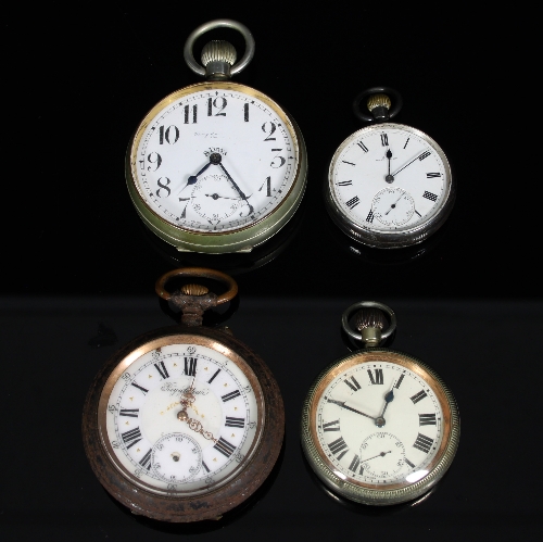 An open faced silver pocket watch and three other pocket watches