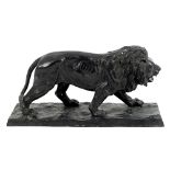 A cast metal figure of a pacing lion on a rectangular plinth, the plinth 49.