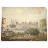 19th Century English School/View of Eton College/figures and animals in the foreground/impressed