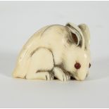 A Japanese carved ivory netsuke, early 19th Century, depicting a rabbit, signed beneath,