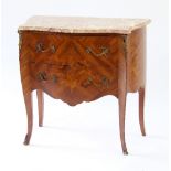 A Louis XVI style commode, the serpentine marble top above two inlaid drawers, 80.