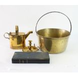 A large brass preserving pan with crossover handle, a Jersey hot water can,
