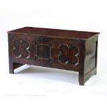 An oak coffer with plain hinged cover and moulded geometric panels to the front,