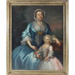 18th Century English School/Portrait of a Mother and Child/the mother with a lace bonnet and lace