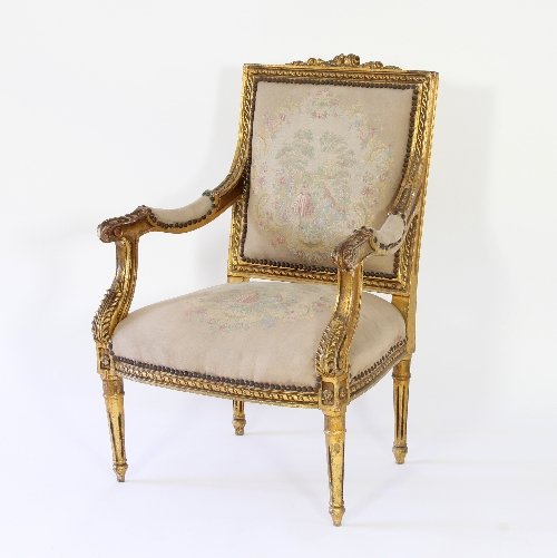 A set of four Louis XVI style gilt framed salon chairs, - Image 2 of 2