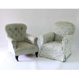 A button back armchair on turned legs with castors and another armchair with blue and white floral