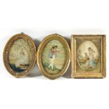 Three Georgian oval silkwork pictures, one depicting a young man in a landscape,