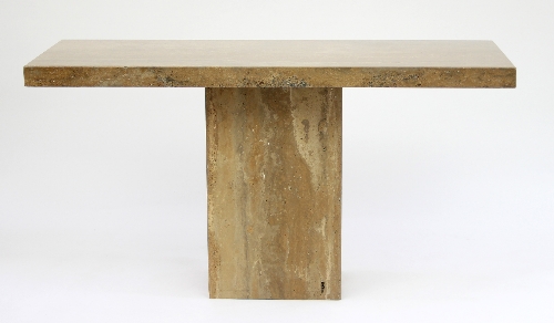 A 20th Century Travertine walnut stone console table with rectangular top and block base,