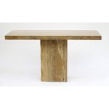 A 20th Century Travertine walnut stone console table with rectangular top and block base,