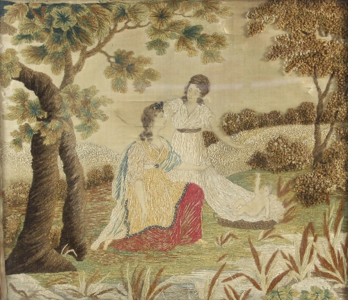 A Georgian needlework picture of Moses being discovered in the bulrushes, 41.5cm x 47.