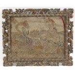 A fragment of 18th century needlework depicting figures in a garden in a carved giltwood frame, 26.