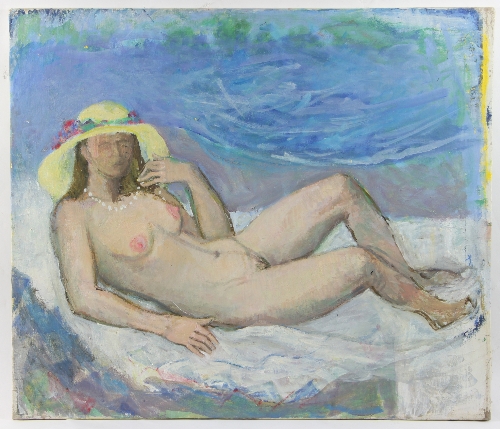 Barbara Dorf (1933-2016)/Reclining Nude in Yellow Hat and Pearls/oil on canvas, 76.