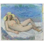 Barbara Dorf (1933-2016)/Reclining Nude in Yellow Hat and Pearls/oil on canvas, 76.