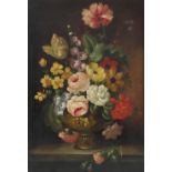 Martin Benedight/Still Life of Summer Flowers on a Marble Ledge/signed/oil on canvas,