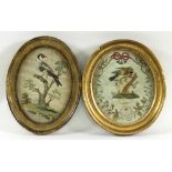 Two Georgian oval silkwork pictures, each depicting a goldfinch perched on a stump, 23cm x 19.