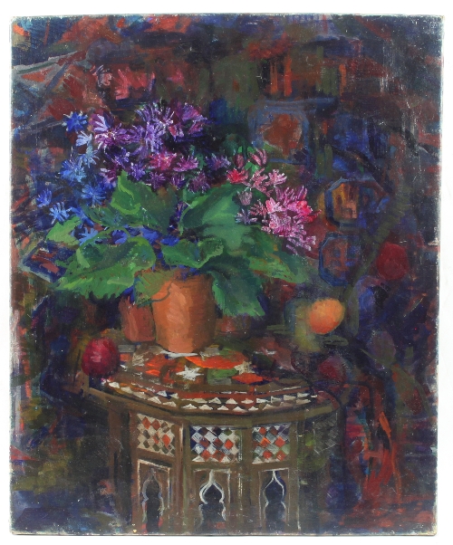 Barbara Dorf (1933-2016)/Still Life with Vase of Flowers on a Middle Eastern Table/oil on canvas,