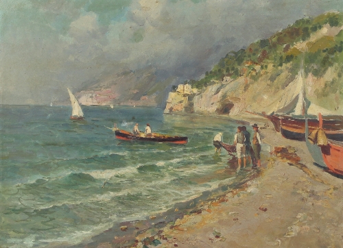 Late 19th Century Italian School/Fishermen on a Coastal Landscape/oil on canvas, 28cm x 38.