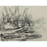 Barbara Dorf (1933-2016)/River Study/barges and derricks with bridge beyond/ink and crayon,