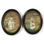 A pair of Georgian oval silkwork pictures of young women at harvest,