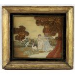 A Georgian needlework picture of a mother, daughter and dog beneath a tree,