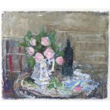 Barbara Dorf (1933-2016)/Still Life with Jug of Roses and Wine Bottle/oil on canvas, 50.
