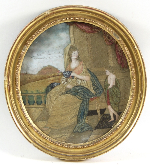 A Georgian silkwork picture of Queen Esther attended by a boy, both in drapery, 25cm x 22.