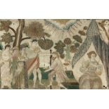 A Georgian silkwork picture depicting a biblical scene with angels and a woman in a canopied tent,