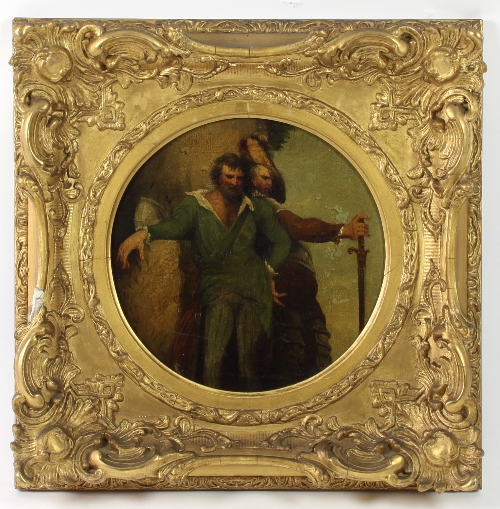 19th Century Italian School/Two Men Leaning on a Pillar, One in Armour/tondo, oil on canvas,