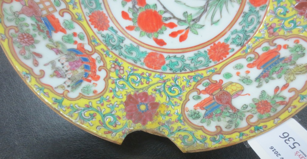 Three Chinese plates, Qianlong circa 1780, enamelled flowering plants to a caramel coloured ground, - Image 6 of 7