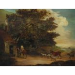 Early 19th Century English School/Naive Landscape with a Horseman/outside a cottage door with