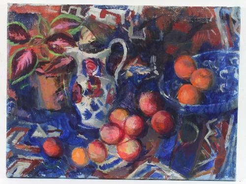 Barbara Dorf (1933-2016)/Still Life with Jug and Fruit Spilling from a Bowl/oil on canvas,