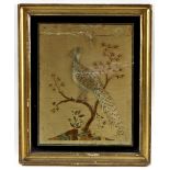 A Georgian silkwork picture depicting a pheasant perched on a branch with butterfly above,