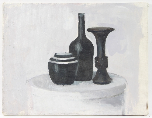 Barbara Dorf (1933-2016)/Monochrome Still Life with Vases on a Plinth/oil on canvas,