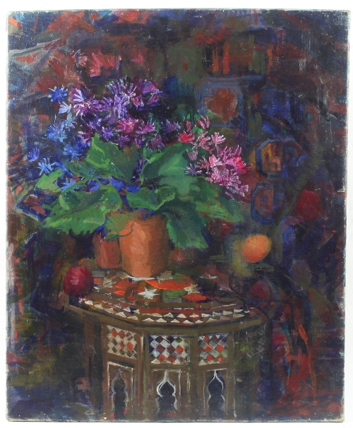 Barbara Dorf (1933-2016)/Still Life with Vase of Flowers on a Middle Eastern Table/oil on canvas, - Bild 2 aus 2