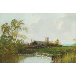 R Allan (British, 19th Century)/Tewkesbury Abbey from the River/oil on canvas,