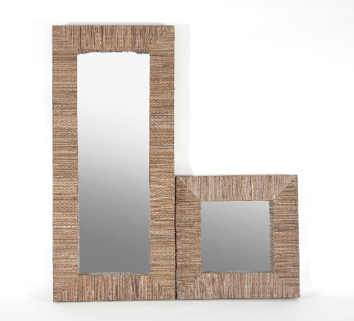 A rattan frame mirror, 135cm x 60cm and another in a square frame,