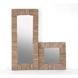 A rattan frame mirror, 135cm x 60cm and another in a square frame,
