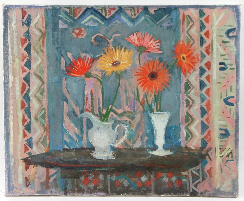 Barbara Dorf (1933-2016)/Still Life with Jug and Vase of Gerberas/oil on canvas, 50cm x 61.