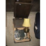A brass lamp, candlesticks etc (1 box)