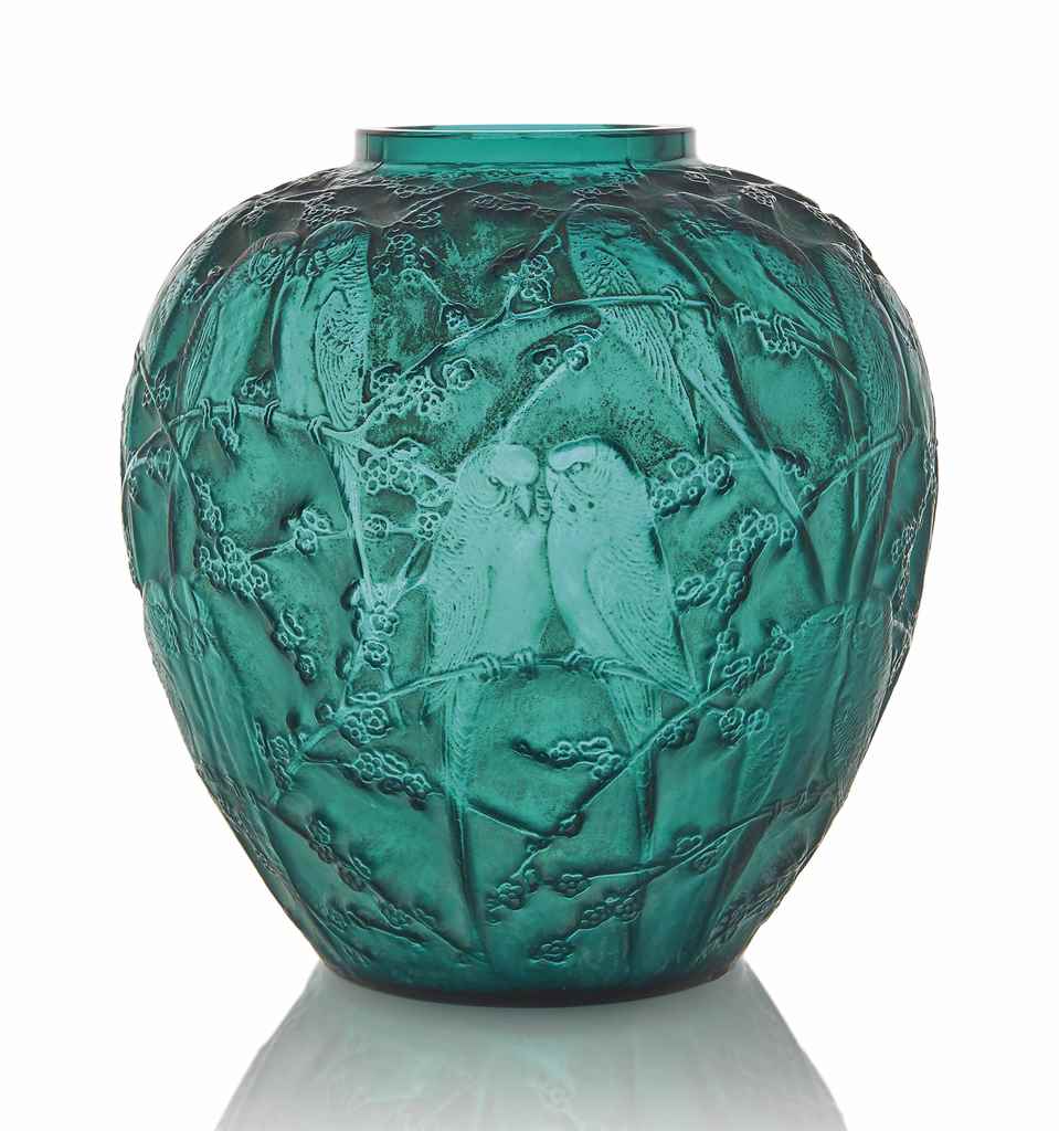 A Perruches Vase, No. 876
designed 1919, teal green and white stained
10 in. (25.5 cm.) high
moulded