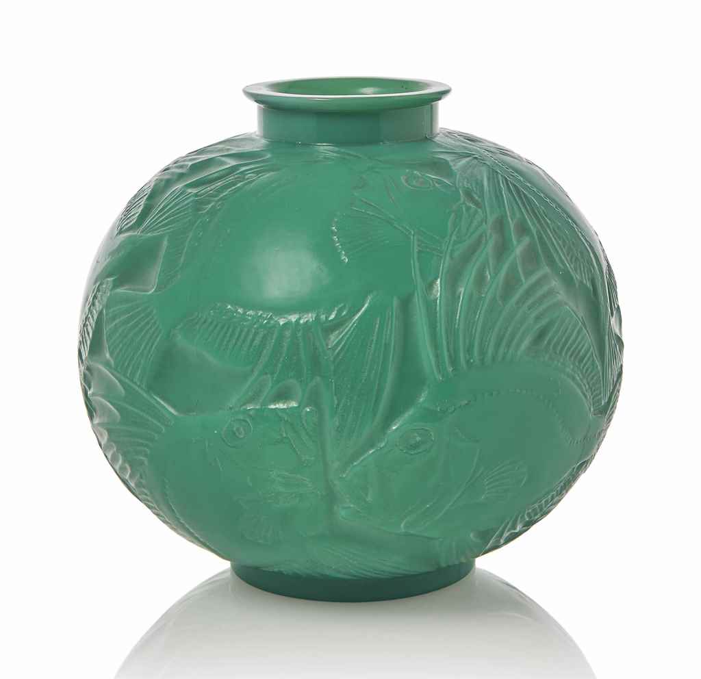 A Poissons Vase, No. 925
designed 1921, cased jade
9 ½ in. (24.2 cm.) high
moulded R. LALIQUE,