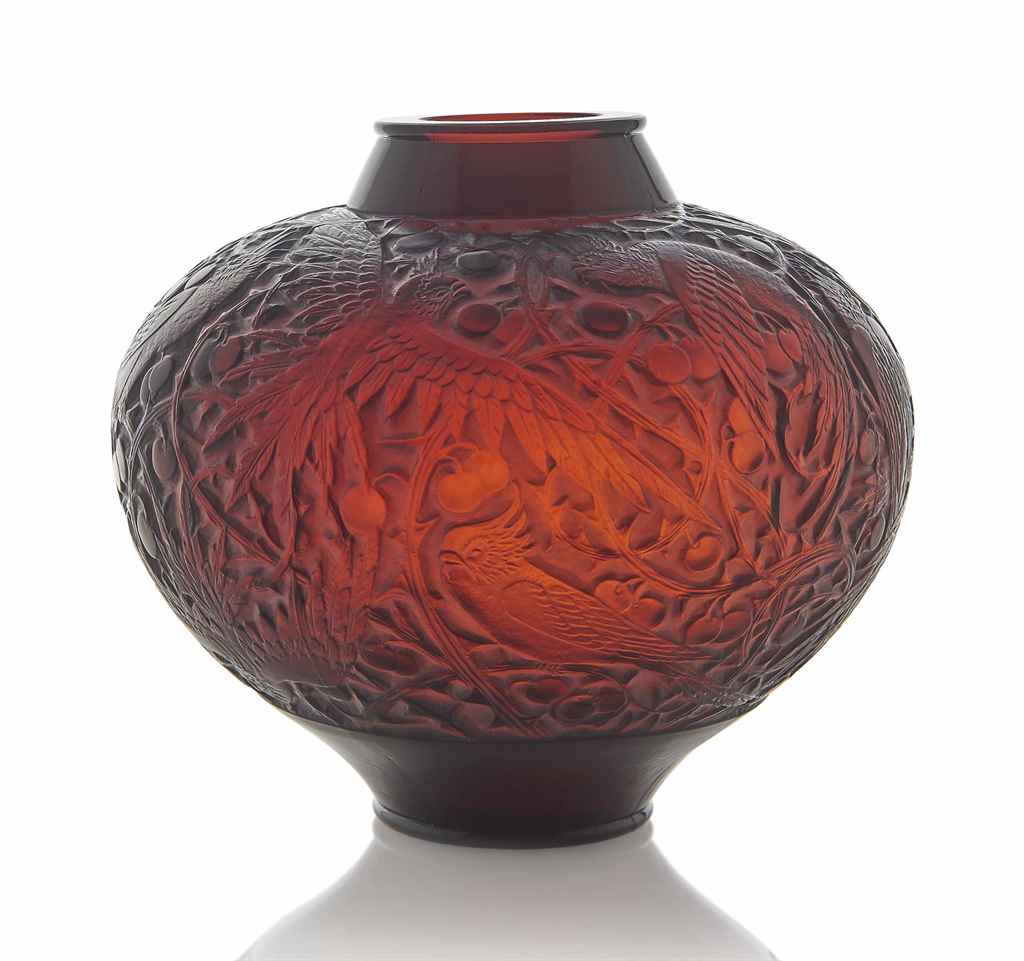 An Aras Vase, No. 919
designed 1924, deep amber and white stained
9 ½ in. (24.2 cm.) high
intaglio