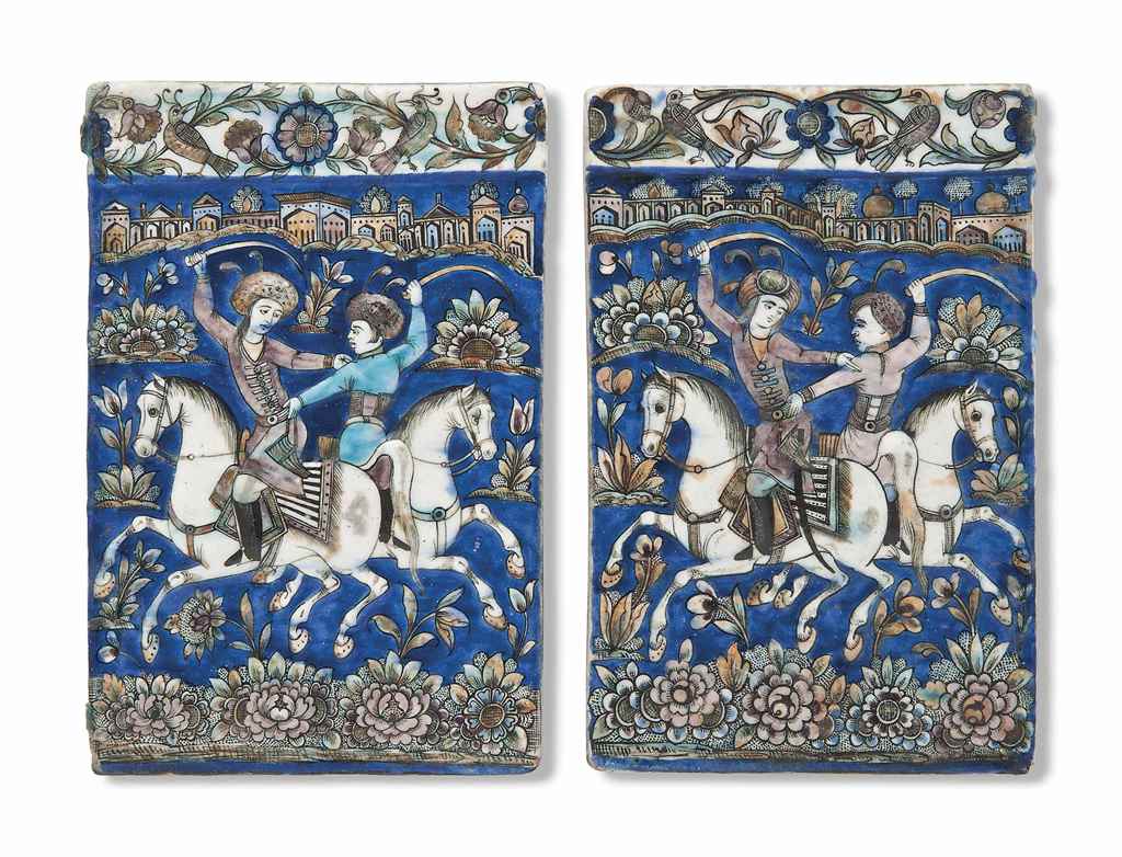 TWO MOULDED POTTERY TILES QAJAR IRAN, 19TH CENTURY Each of rectangular form, depicting duelling