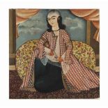 PORTRAIT OF A SEATED YOUTH QAJAR IRAN, CIRCA 1820 Oil on canvas, a balding young man wearing a red