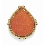 A FINE CARNELIAN SEAL MUGHAL INDIA, DATED AH 1265/1849 AD Drop shaped with scalloped finial,
