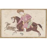 A PRINCE HUNTING STYLE OF MU'IN MUSAVVIR, SAFAVID IRAN, CIRCA 1700 Opaque pigments on paper, mounted