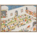 A LARGE BANQUET SCENE KANGRA OR GULER, NORTH INDIA, MID - 19TH CENTURY Opaque pigments heightened