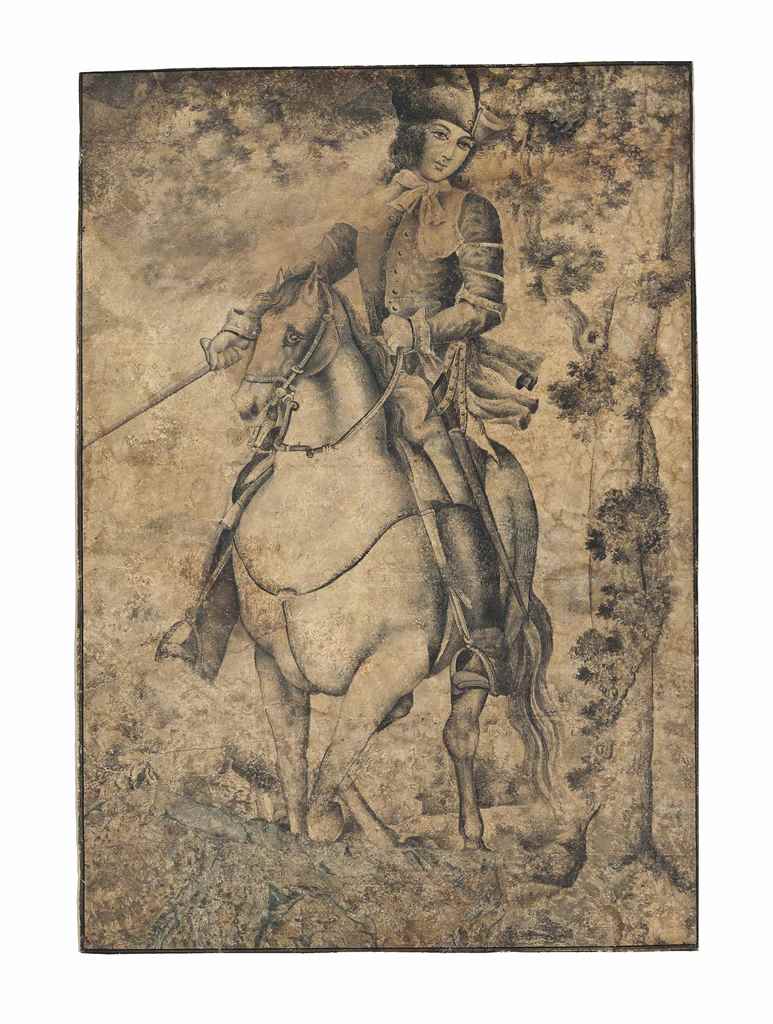 A GRISAILLE EQUESTRIAN PORTRAIT OF A YOUTH QAJAR IRAN, MID 19TH CENTURY Ink on paper, depicted in