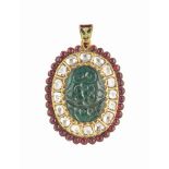 AN EMERALD, DIAMOND AND RUBY-INSET PENDANT INDIA, 20TH CENTURY Of oval shape, a row of heart-