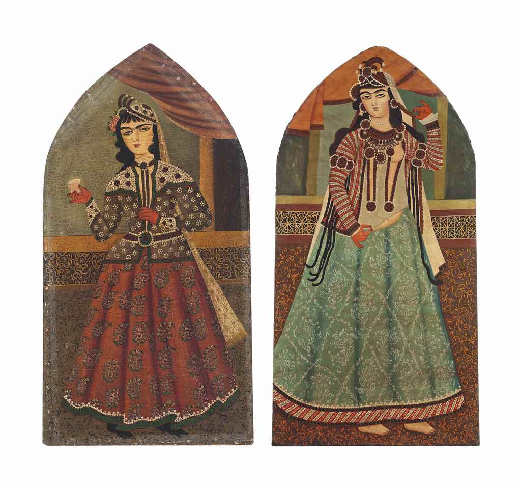 TWO PORTRAITS OF QAJAR LADIES QAJAR IRAN, 19TH CENTURY Oil on canvas, each representing a lady of